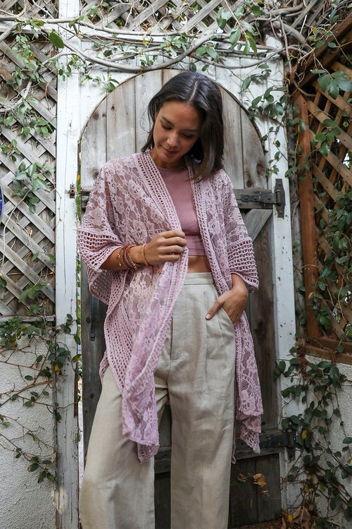 Periwinkle Aether open front floral knit kimono for women, stylish layering piece with rose floral pattern and casual elegance.
