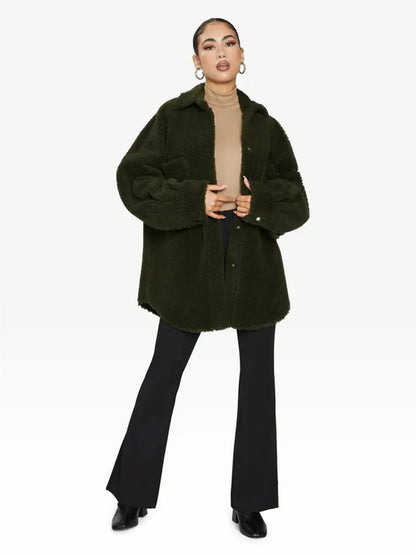 Olive oversized patch pocket Borg teddy shacket by Rose Eleusis, cozy and stylish jackets and coats for casual wear.