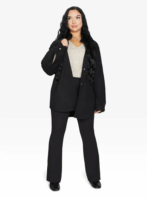 Black oversized patch pocket shacket by Rose Eleusis, casual jacket with large front pockets, one size fits UK 8-14.
