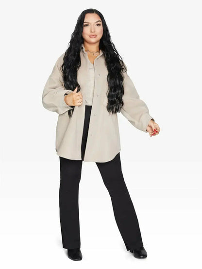 Rose Eleusis oversized patch pocket shacket in stone, a relaxed jacket with large front pockets, one size fits UK 8-14.