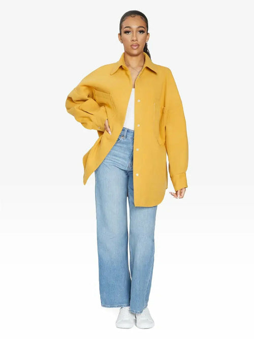 Yellow oversized patch pocket shacket by Rose Eleusis, casual jacket with large front pockets, one size fits UK 8-14.