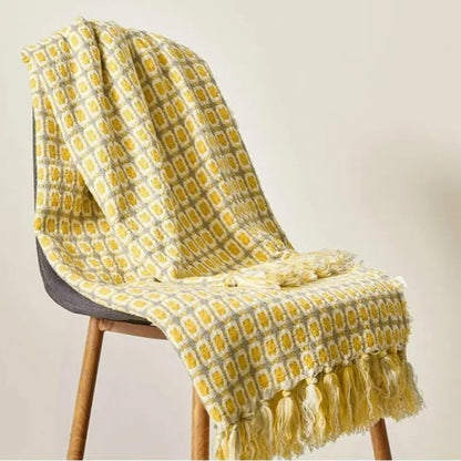 Yellow knitted woolen blanket in pastoral style by Copper Pallas, showcasing cozy, textured fabric perfect for throws and home decor.