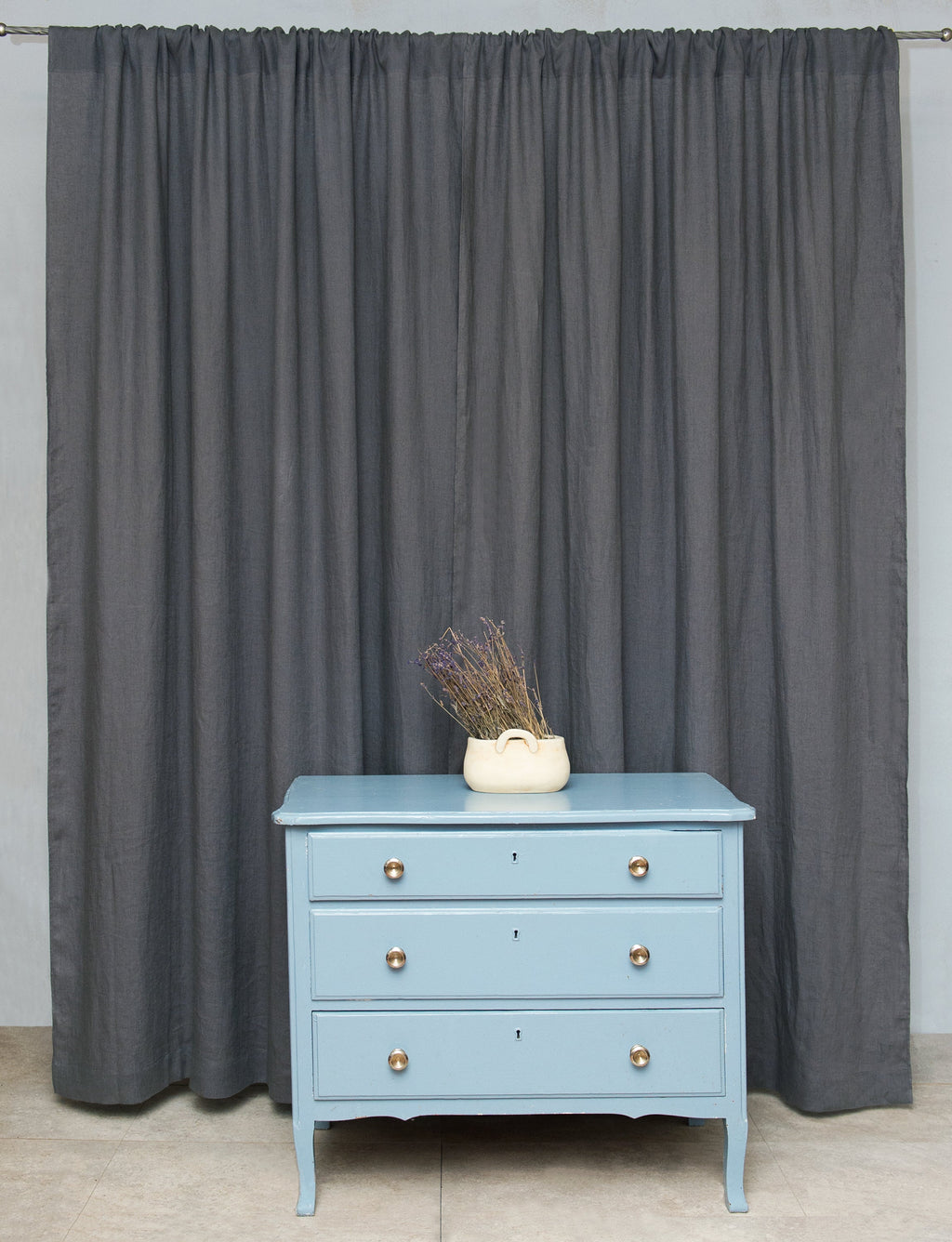 Grey linen curtain with rod pocket