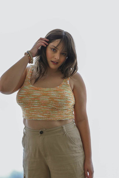 Plus-size Cozy Boucle Lounge Brami tank top by Periwinkle Aether in orange, featuring a soft, textured boucle fabric for comfort.