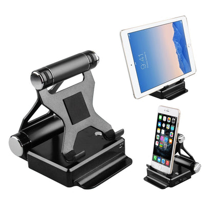 Black podium-style stand by Salmon Lucky with extended battery, compatible with iPad and iPhone for versatile device support.