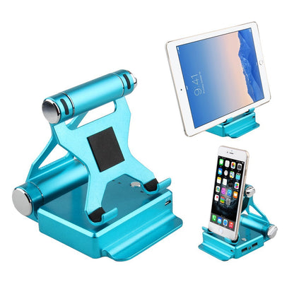 Blue podium-style stand with extended battery for iPad and iPhone, designed by Salmon Lucky, showcasing a sleek tech accessory.