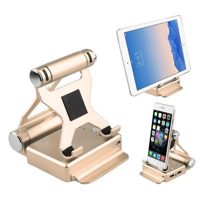 Gold podium-style stand with extended battery up to 200% for iPad and iPhone, by Salmon Lucky, shown on a sleek surface.