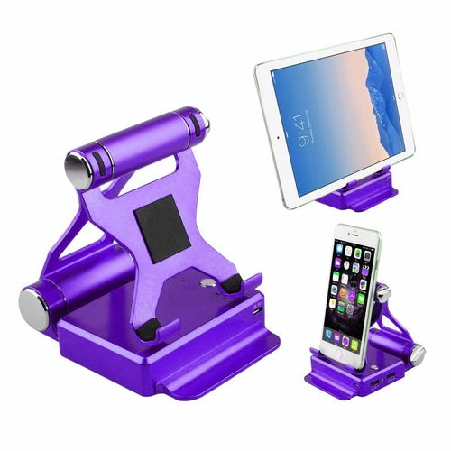 Salmon Lucky purple podium-style stand with extended battery for iPad and iPhone, showing a sleek tech accessory with charging features.