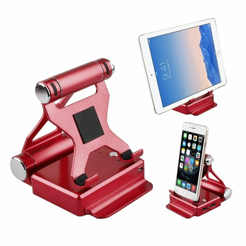 Salmon Lucky podium-style stand with extended battery for iPad and iPhone, in vibrant red, showcasing its sleek design and charging features.