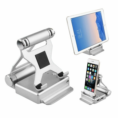 Salmon Lucky podium style stand with extended battery for iPad and iPhone, in silver, supporting devices with built-in charging.