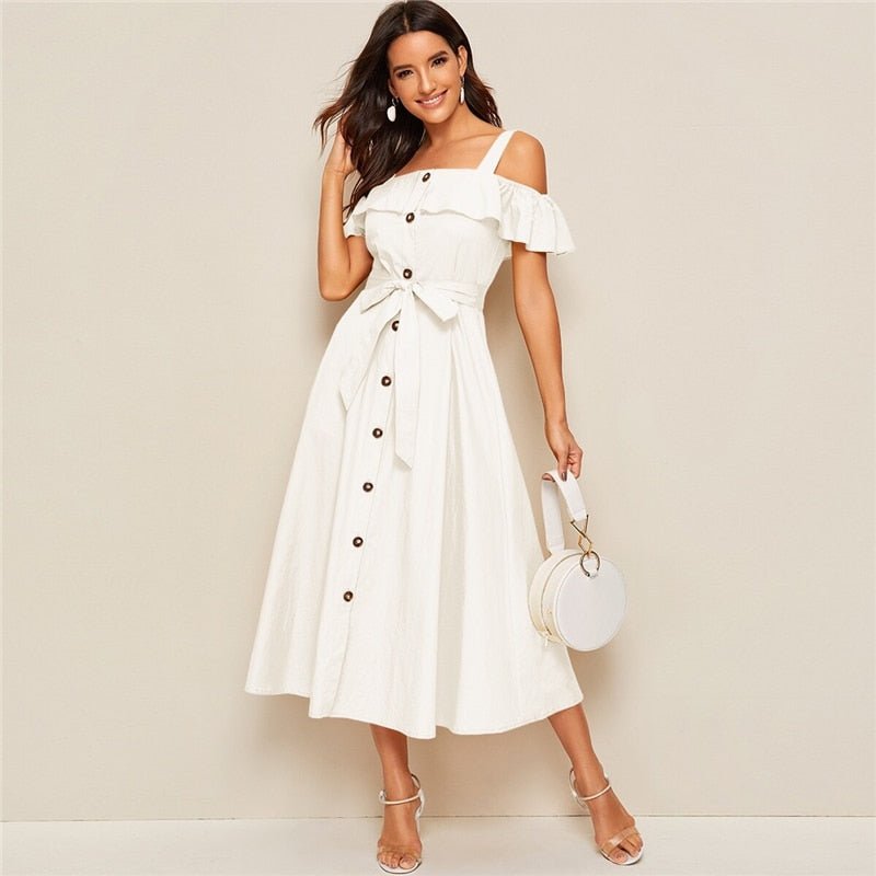 White Button-Down MIDI Dress : With Fresh Tie Waist