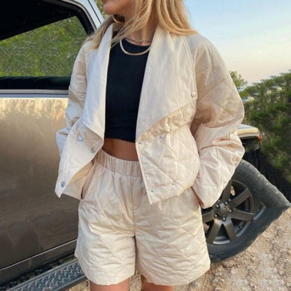 Grey Beech quilted high waist shorts and crop jacket matching set, stylish and comfortable activewear ensemble.