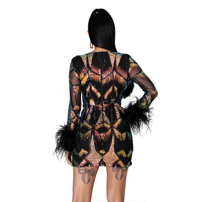 High Quality Feather Sequin Body Con Dress Sexy Deep V Neck Glam