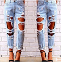 Ripped Jeans Denim Joggers Knee Holes Slim Fit Jeans For Women Blue