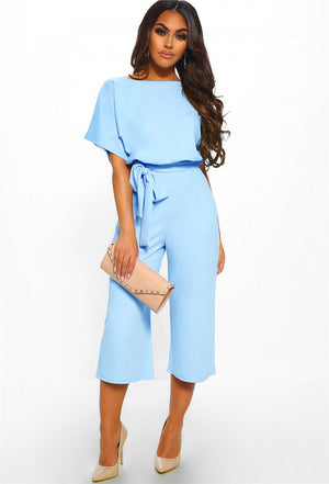 Summer Fashion Simple Short Sleeve Jumpsuit Women Wide Leg Pure Color