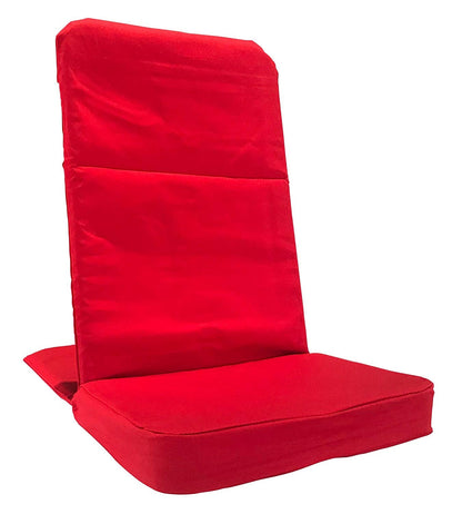 Red OMSutra folding meditation chair by Alabaster, portable and comfortable for outdoor and indoor meditation sessions.