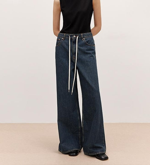 "Retro Blues" fashionable high waist pleated design washed casual wide