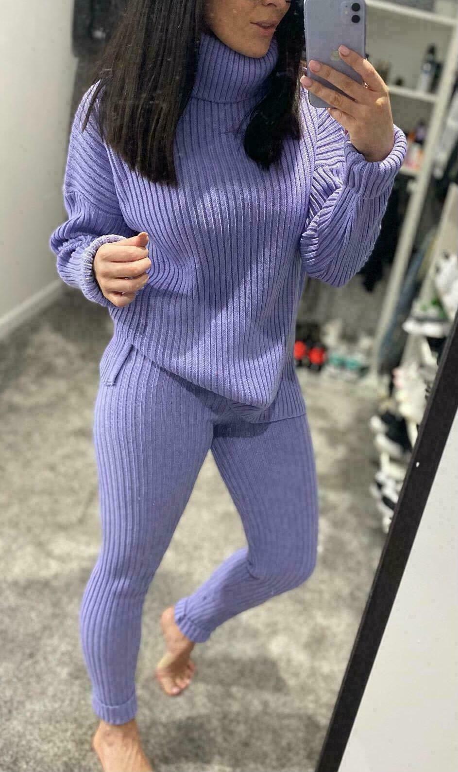 Ladies Chunky Knitted Ribbed Polo High Neck Top Leggings Loungewear