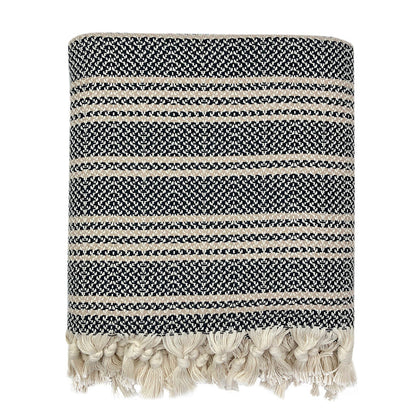 Ariel woven stripe Turkish throw blanket with black and neutral woven pattern, perfect for home decor and cozy accents.