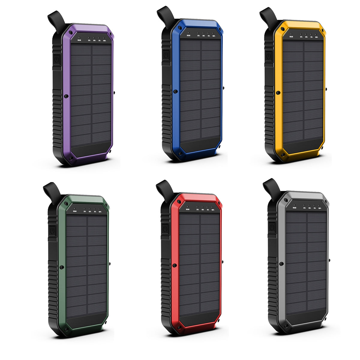 Colorful Sun Chaser Mini Solar Powered Wireless Phone Charger by Salmon Lucky, 10,000 mAh tech accessory with solar panel and wireless charging.