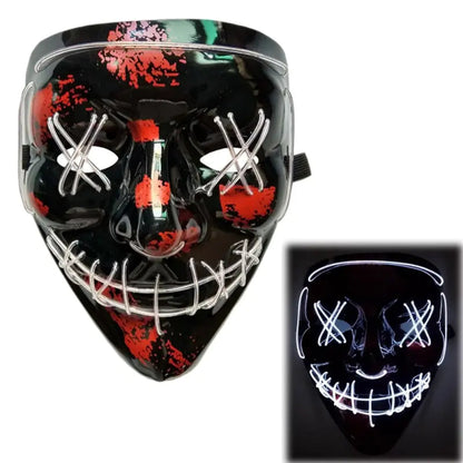 White Eucalyptus LED purge mask for pets, glow-in-the-dark Halloween costume with light-up DJ style design.