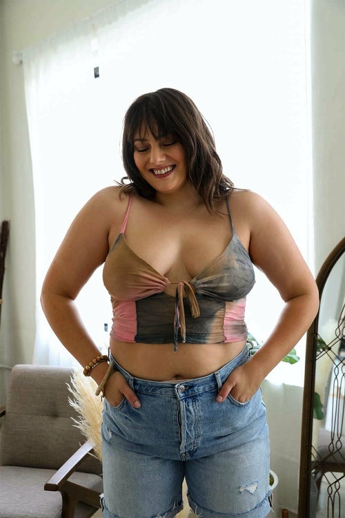 Periwinkle Aether tie-dye mesh keyhole brami plus tank top in camel pink with a stylish cutout design.