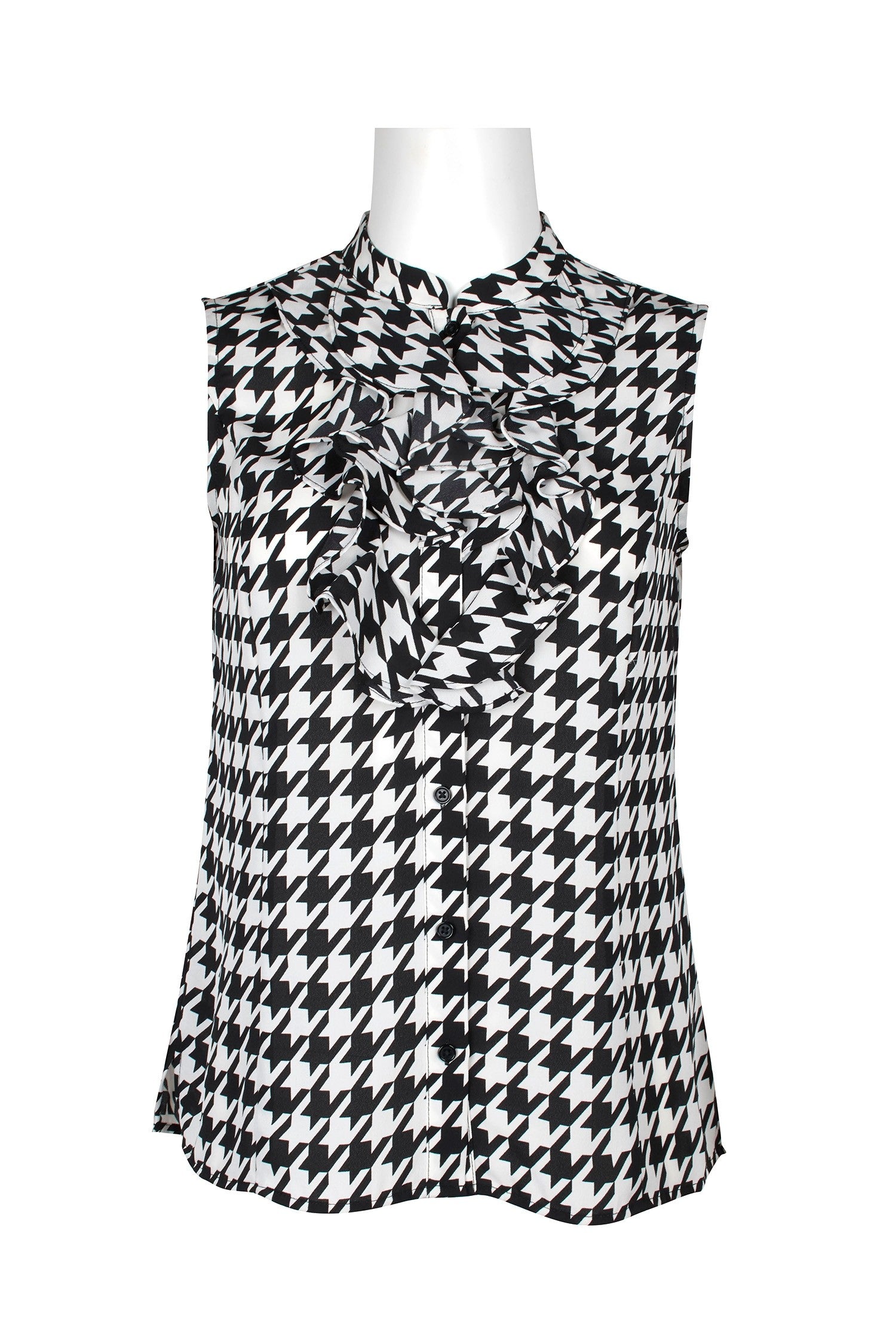 Tahari ASL High Neck Sleeveless Ruffled Neck Houhdstooth Print Woven