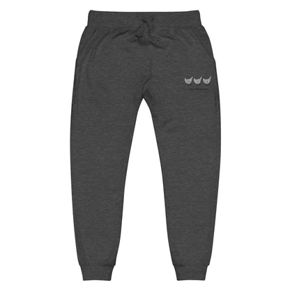 Unisex charcoal heather fleece sweatpants with Jacki Easlick Three Chickens design by Yellow Eleusis, front view.
