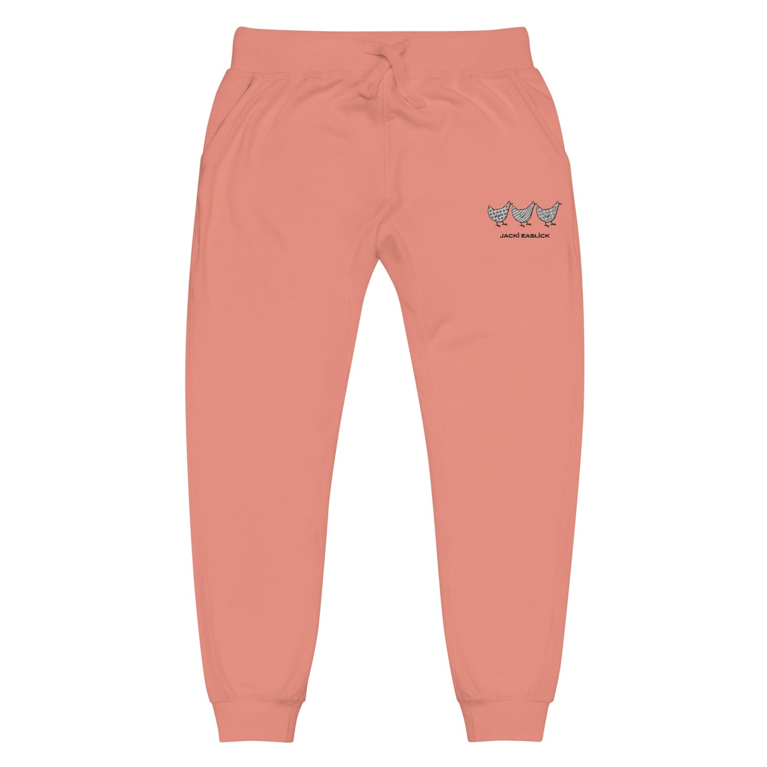 Unisex dusty rose fleece sweatpants with Jacki Easlick Three Chickens design by Yellow Eleusis, front view.