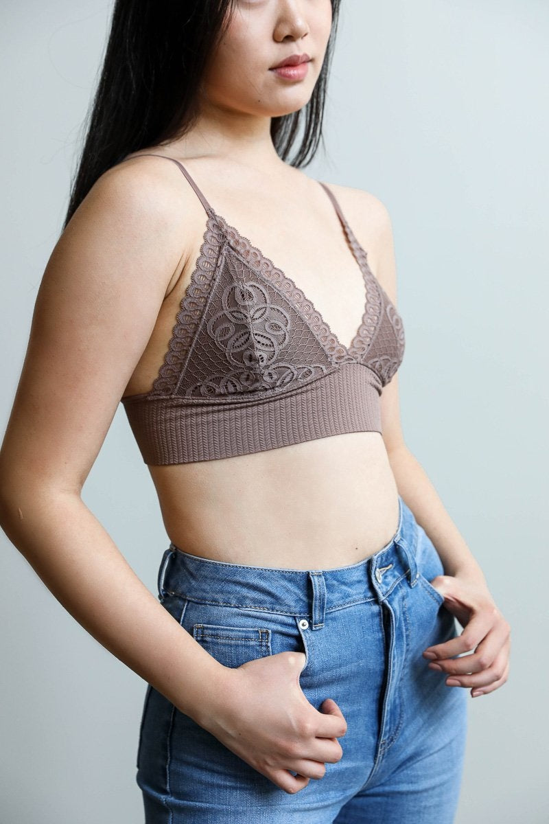 Mocha lace brami from Periwinkle Aether featuring a waistband loop and feminine stretchy cami top for lingerie and underwear.