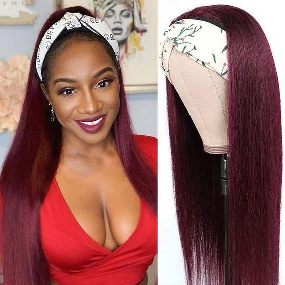 Burgundy Headband Straight Human Hair Wig 