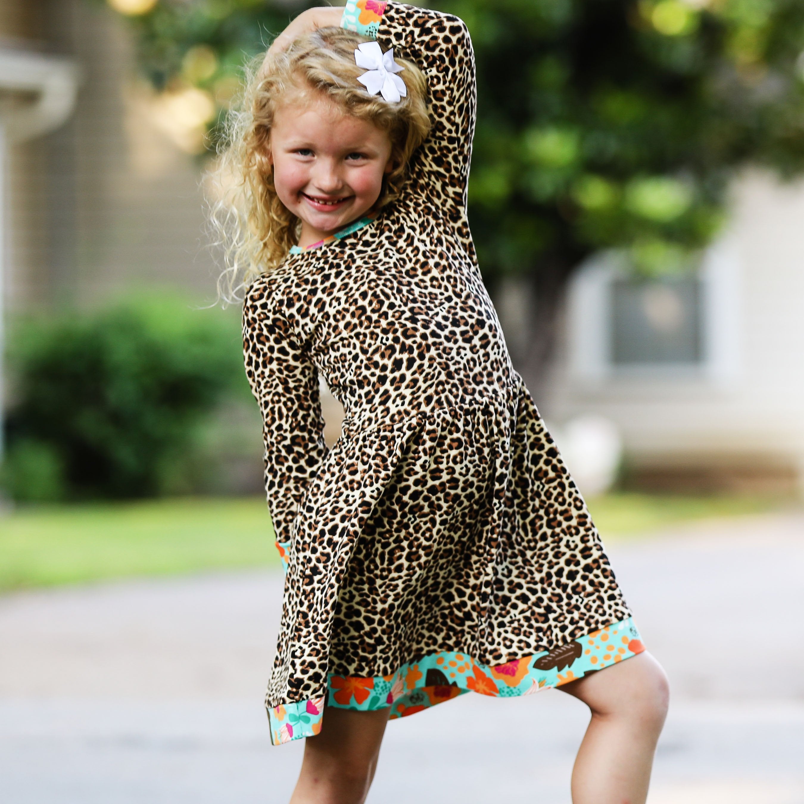 AnnLoren Big Girls Long Sleeve Leopard Fall Floral Dress Boutique