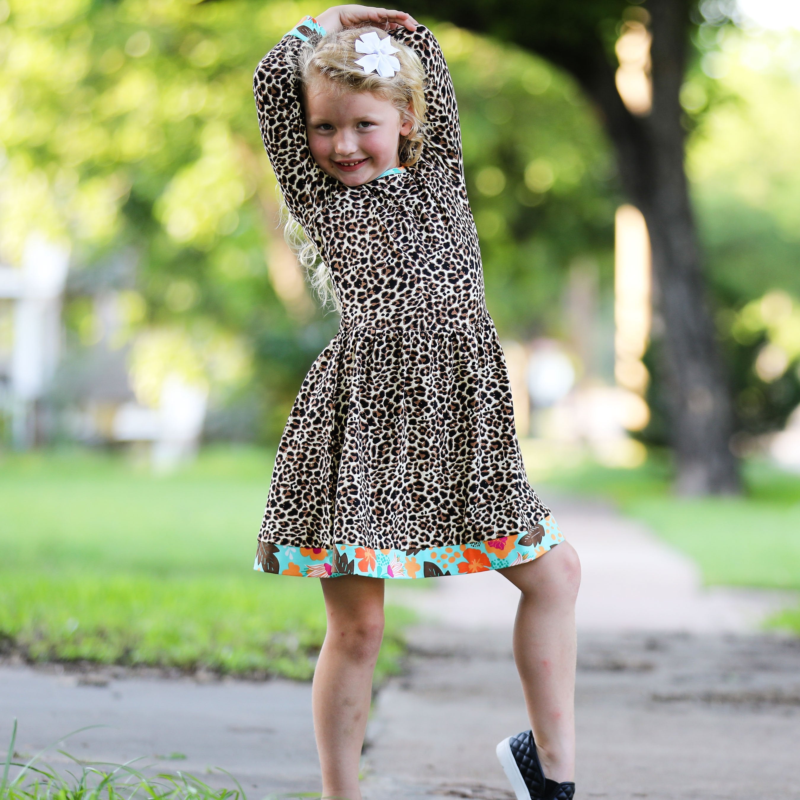 AnnLoren Big Girls Long Sleeve Leopard Fall Floral Dress Boutique