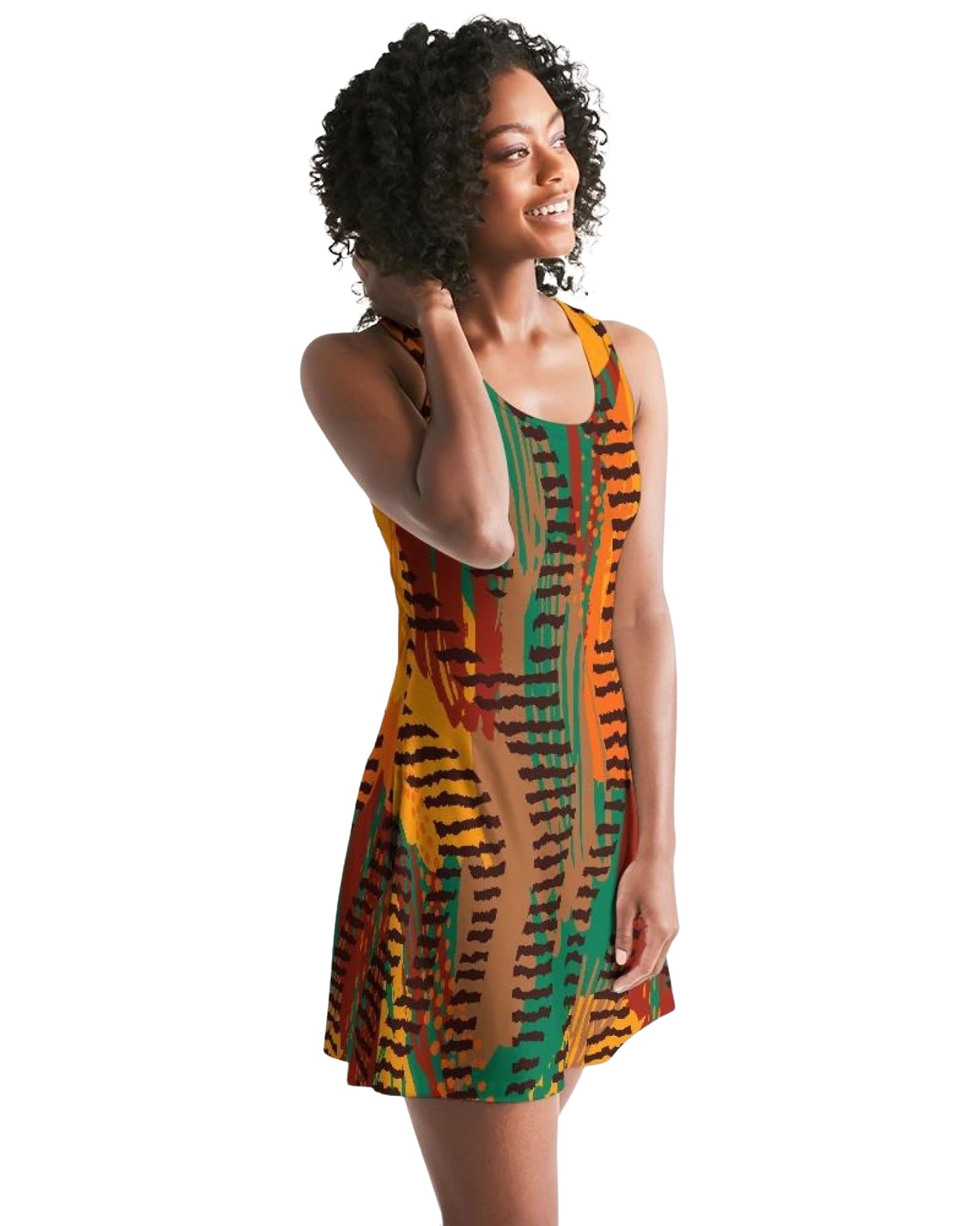 Womens Dress - Orange and Brown Geometric Style Racerback Dress