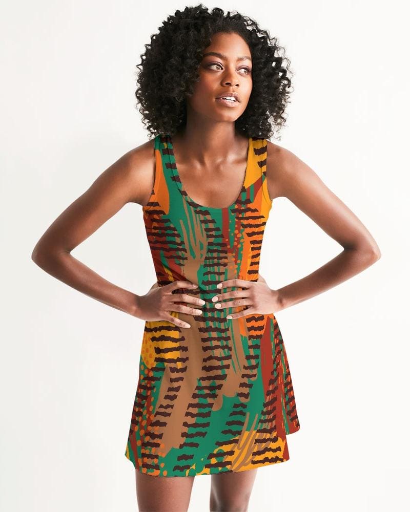 Womens Dress - Orange and Brown Geometric Style Racerback Dress