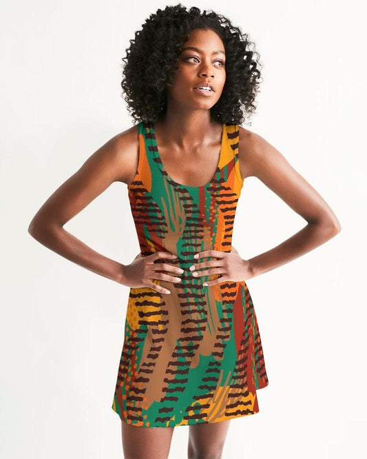 Womens Dress - Orange and Brown Geometric Style Racerback Dress