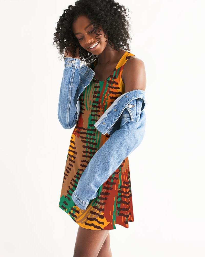 Womens Dress - Orange and Brown Geometric Style Racerback Dress