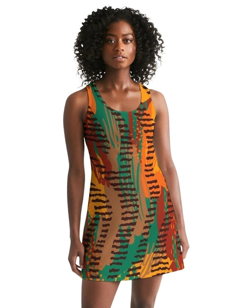 Womens Dress - Orange and Brown Geometric Style Racerback Dress