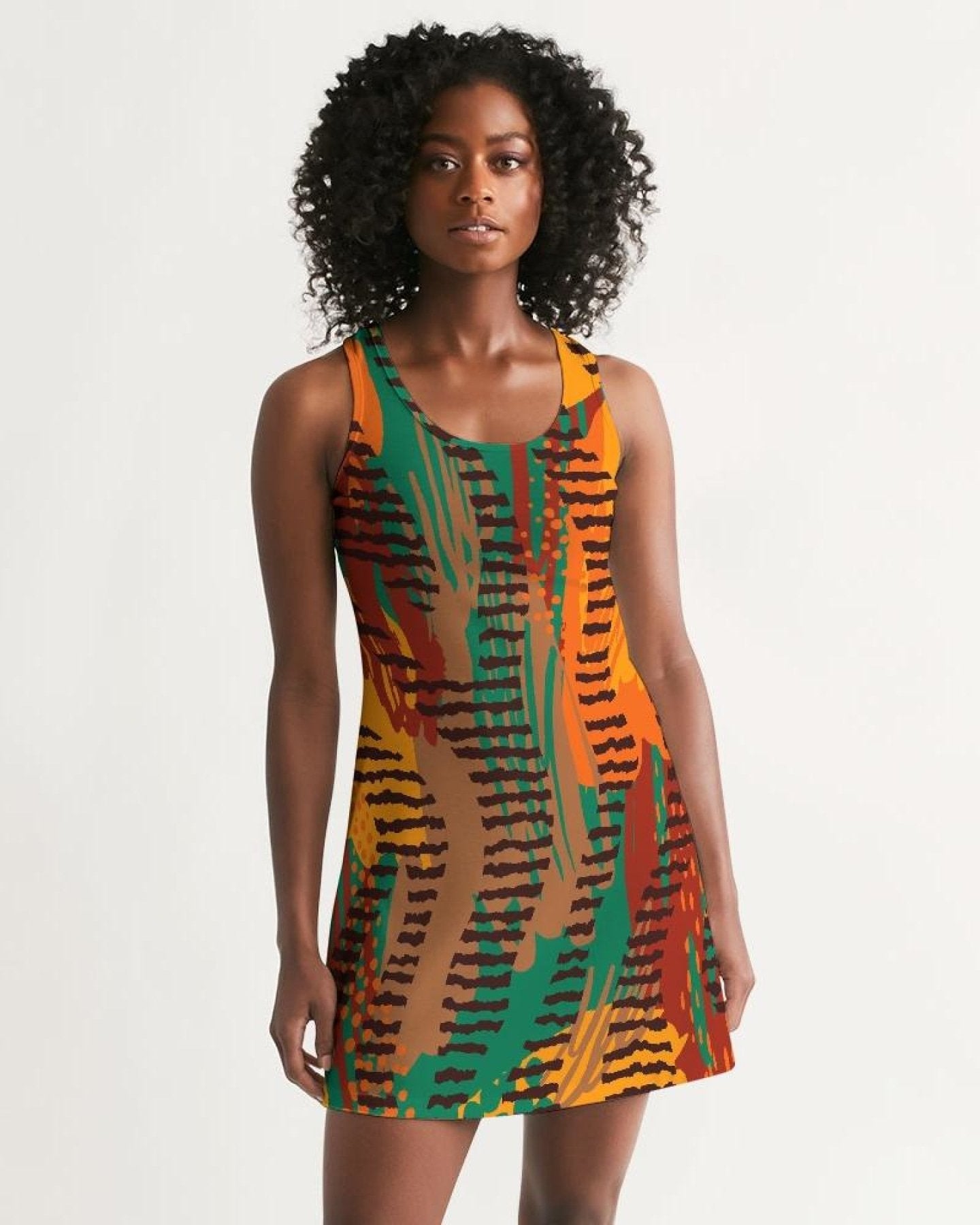Womens Dress - Orange and Brown Geometric Style Racerback Dress