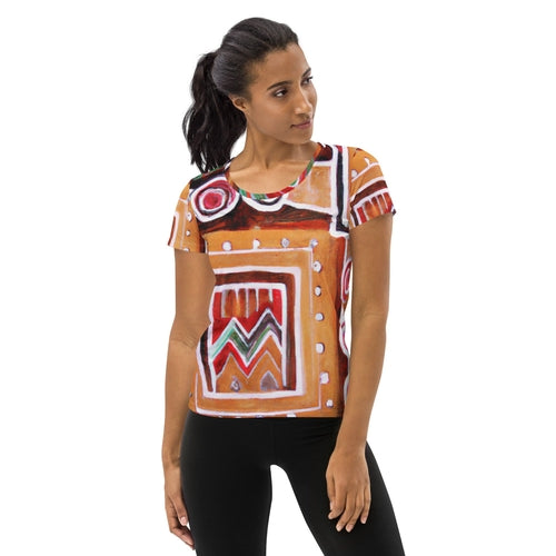 Womens Stretch Fit Athletic Sports T-shirt - Brown Orange Green Aztec
