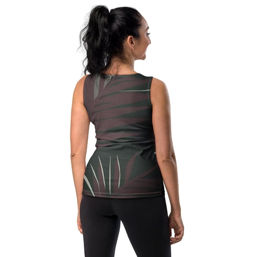 Womens Stretch Fit Tank Top - Palm Tree Leaves Maroon Green Background