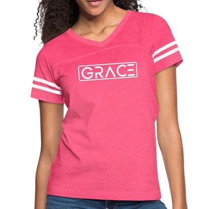 Pink vintage sport graphic T-shirt for women by Grey Coco, featuring a stylish Grace design and casual, comfortable fit.