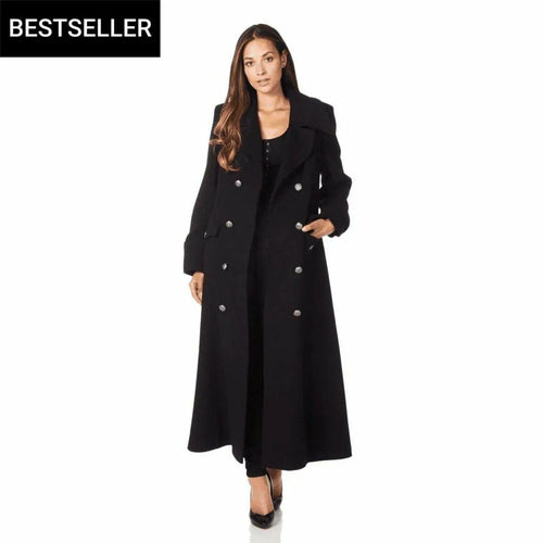 Black Wool Blend Double Breasted Maxi Coat by Rose Eleusis, stylish long coat with button details and tailored fit.